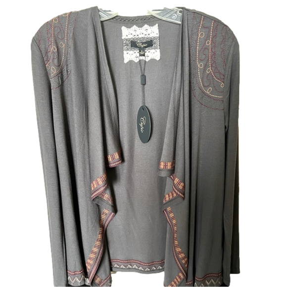 Cupio Tops - Embroidered Cotton Jacket / Shirt - dark grey with maroon and orange stitching